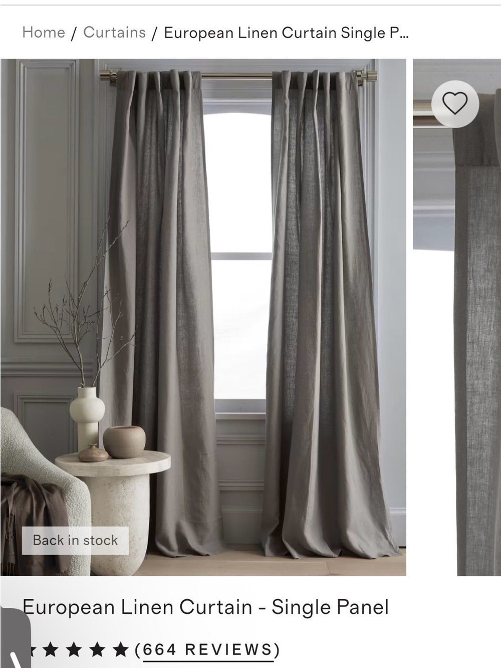 Quince European Luxe Linen Curtain Panel  48x84 Grey (one panel)